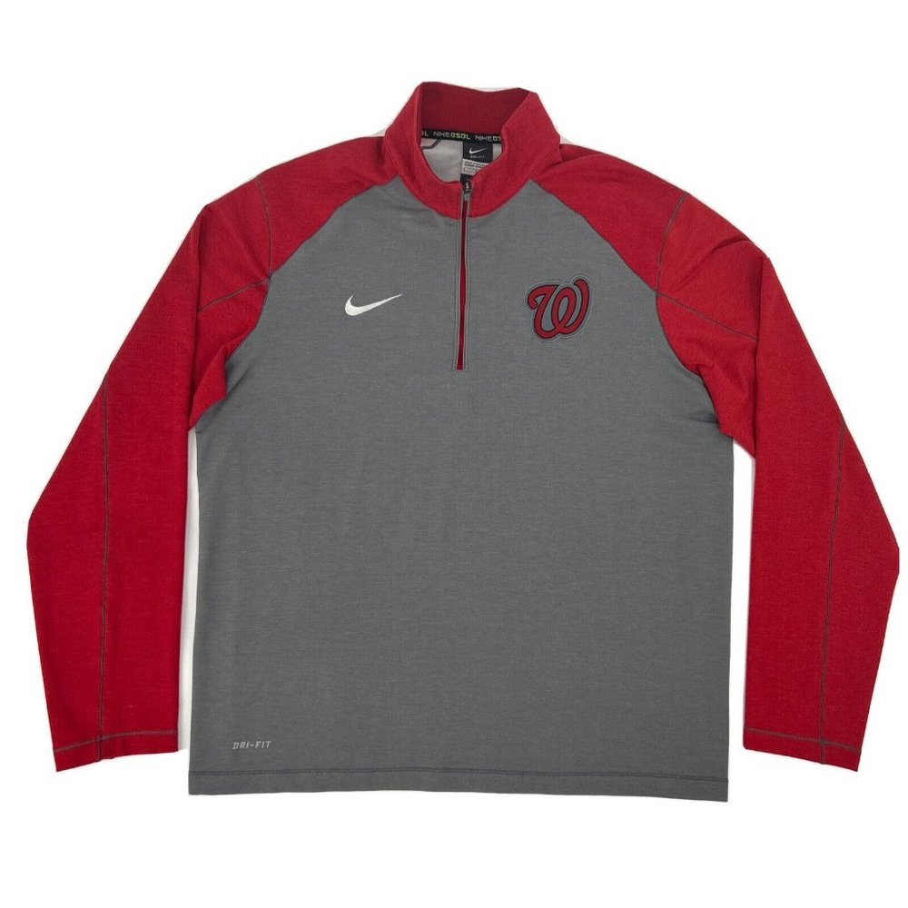 Washington Nationals Shirt Mens‎ L Red Gray Nike BSBL Dri-Fit 1/4 Zip Pullover